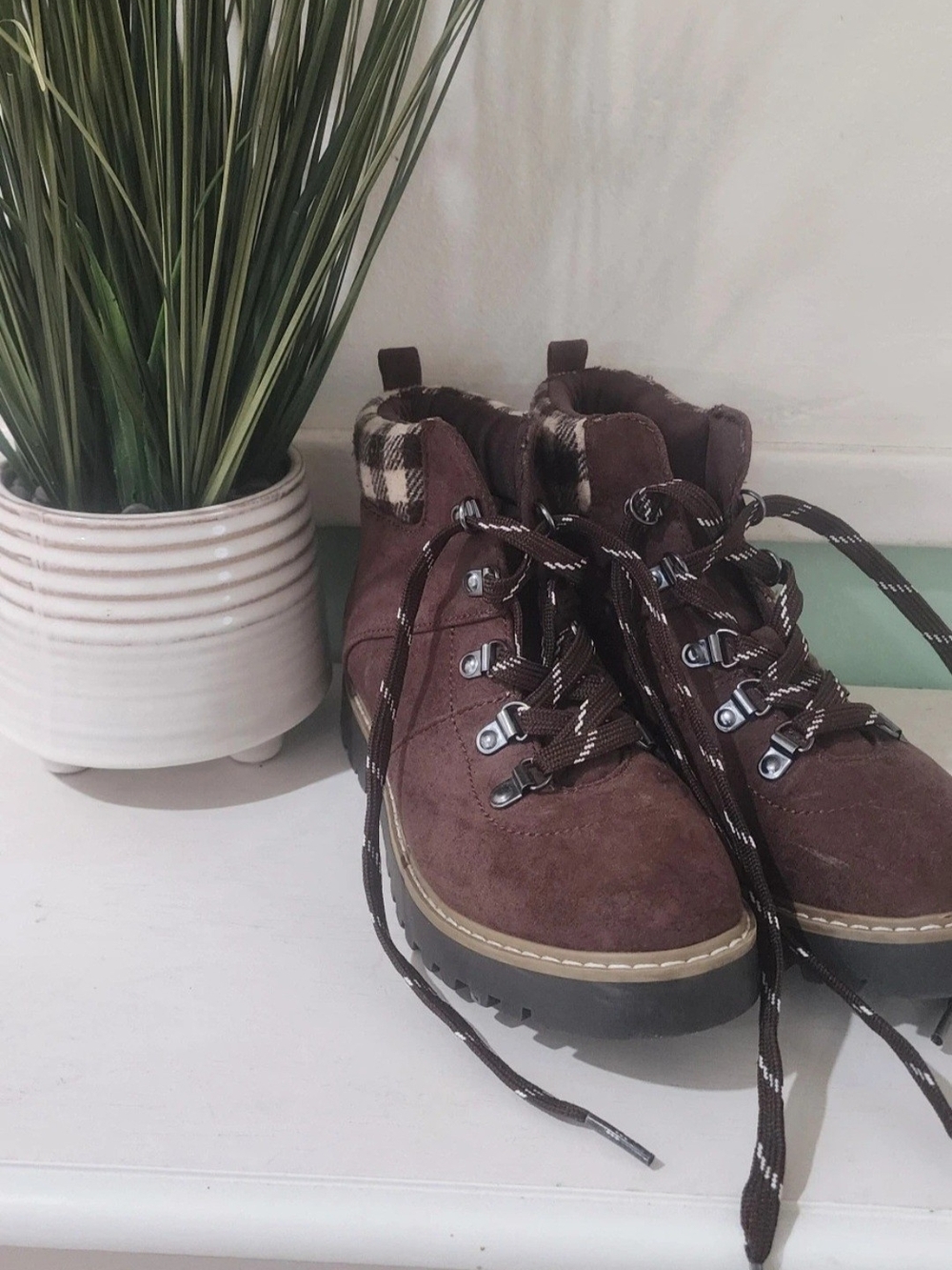 Cliffs by WHITE MOUNTAIN Brown Suede Plaid Cuff Lace-Up Boots